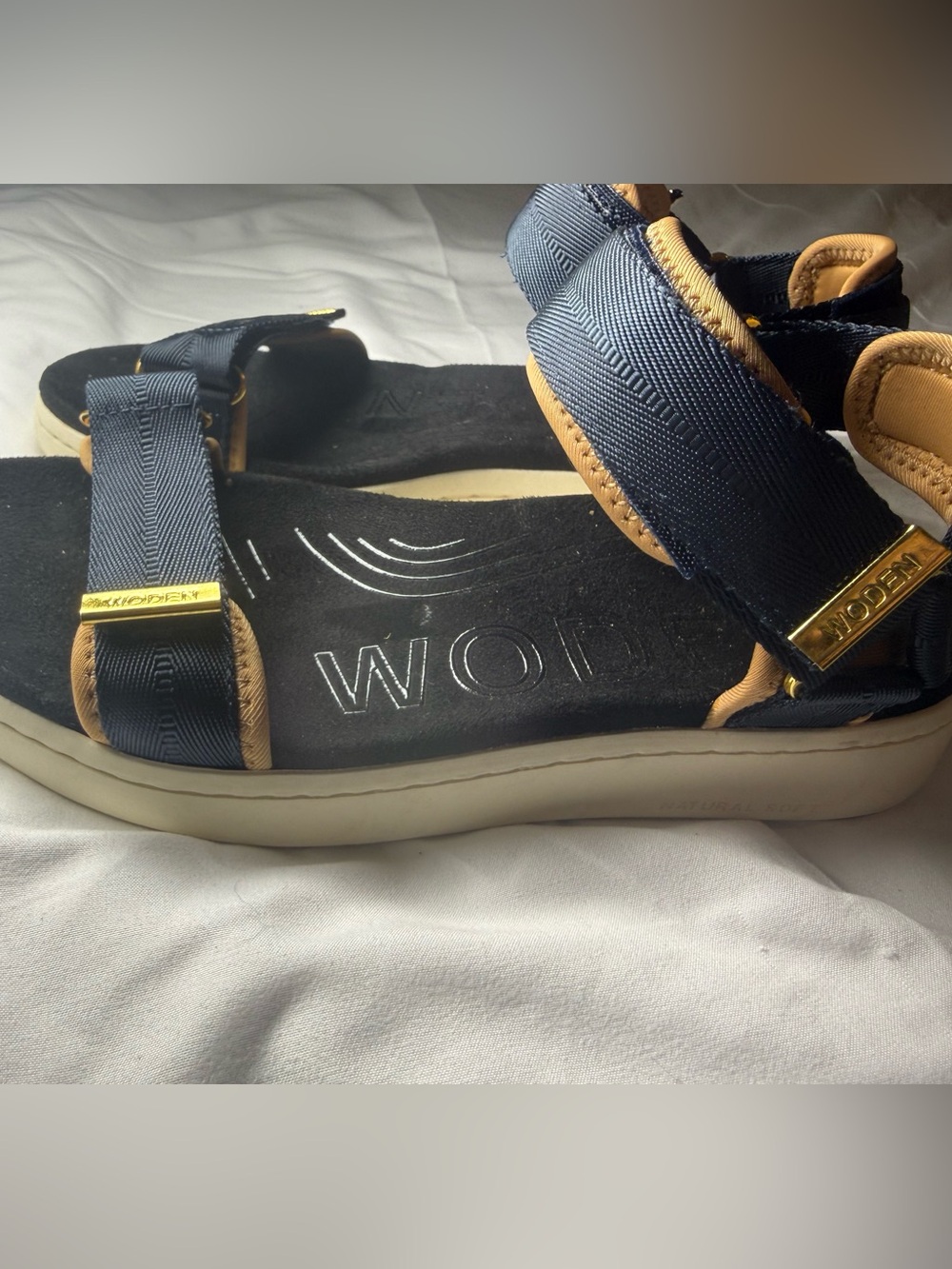 Woden Navy Blue & Tan Platform Strap Sandals